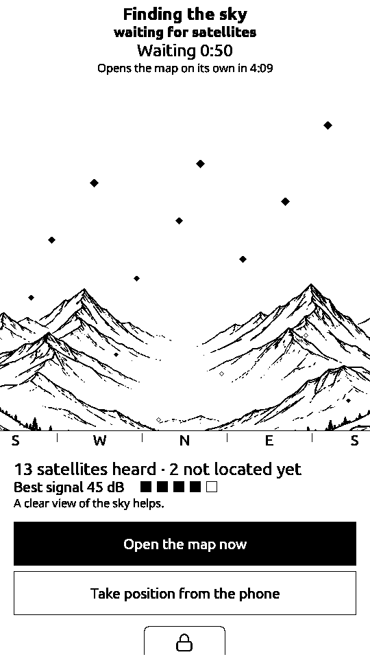 Development board panel showing the Finding the sky screen: satellite marks spread across an open sky above hand-drawn mountains, a compass row reading S W N E S under the horizon, and satellite counts with a signal meter below