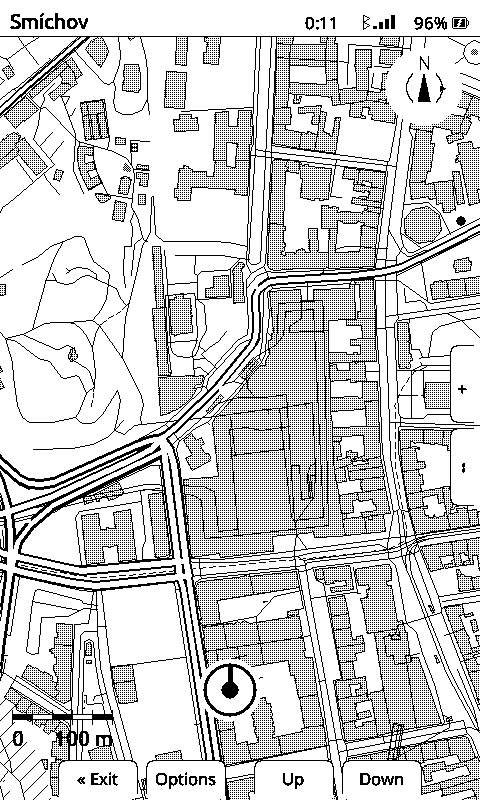 Real X4 framebuffer: a city map with a status row along the top showing the nearest place name, the time, a Bluetooth icon with signal bars and the battery percentage