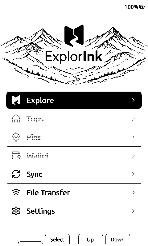 X4 panel showing the ExplorInk home screen: hand-drawn mountains with the logo and wordmark over them, then a list of seven rows with Explore selected as a filled black block