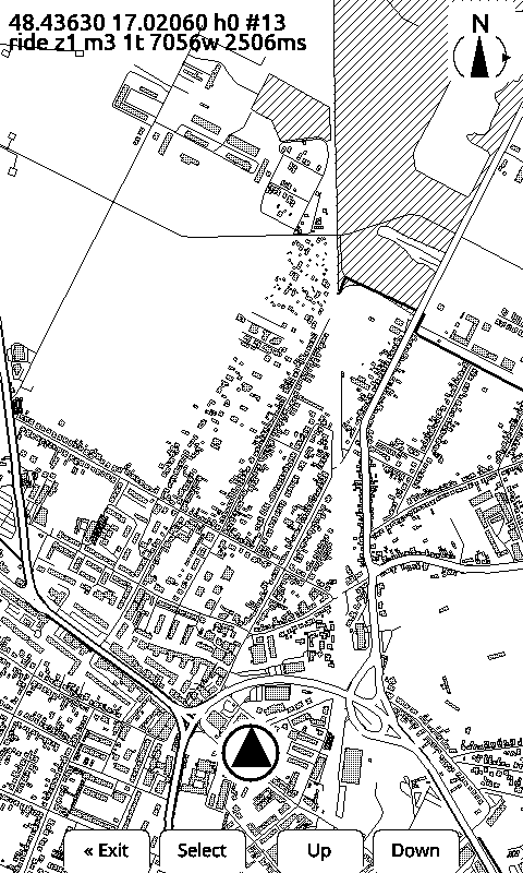 The X4 panel drawing a town: outlined buildings, hatched forest, roads of different widths
