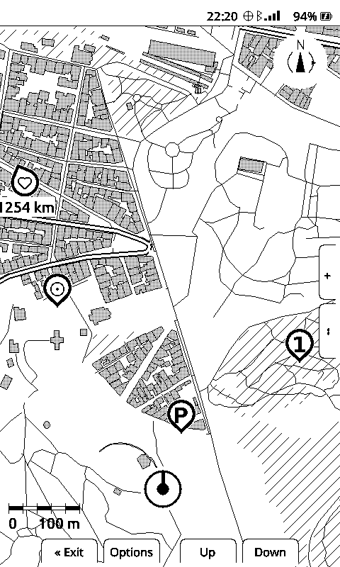 X4 panel over a dense city of individually drawn buildings: a meet pin, a numbered landmark pin marked 1, a parking pin near the position marker, and a far-off favorite pin shown at the edge as a heart icon reading 1254 km