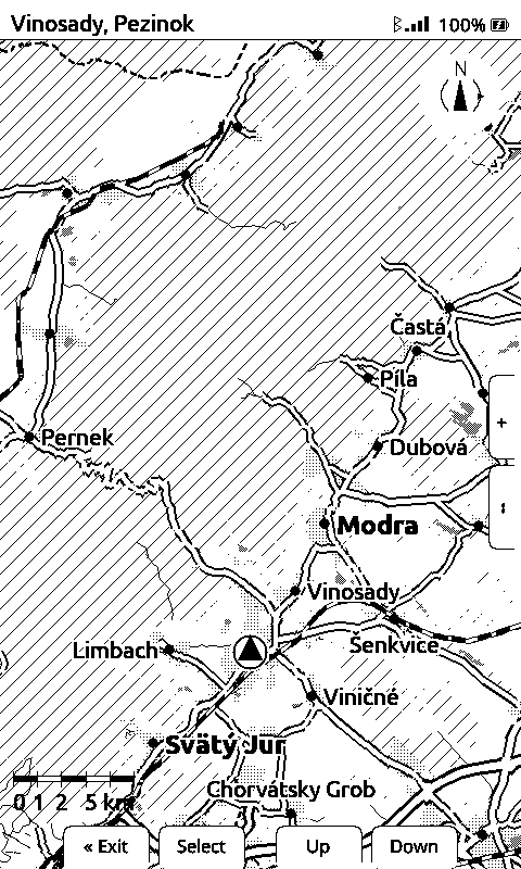 X4 panel at 45 metres per pixel with twelve place names on it: towns in bold, villages lighter, each name outlined in white over the hatched forest and the road network