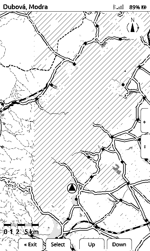 X4 panel at 45 metres per pixel: a road network winding through a large hatched forest area, dots marking villages along the roads, a small position marker near the centre, scale bar showing 5 km