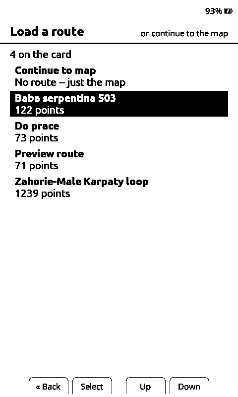 X4 panel showing a list titled Load a route: four saved routes with their point counts, and a highlighted one selected