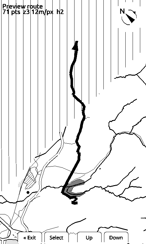 X4 panel showing a planned route as a thick black line with an arrowhead at its far end, over roads and a river, with diagonal hatching down the left edge