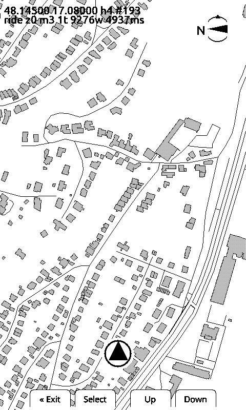 X4 panel drawn track-up: streets running diagonally, the north indicator rotated to point left, the position marker's arrow pointing up