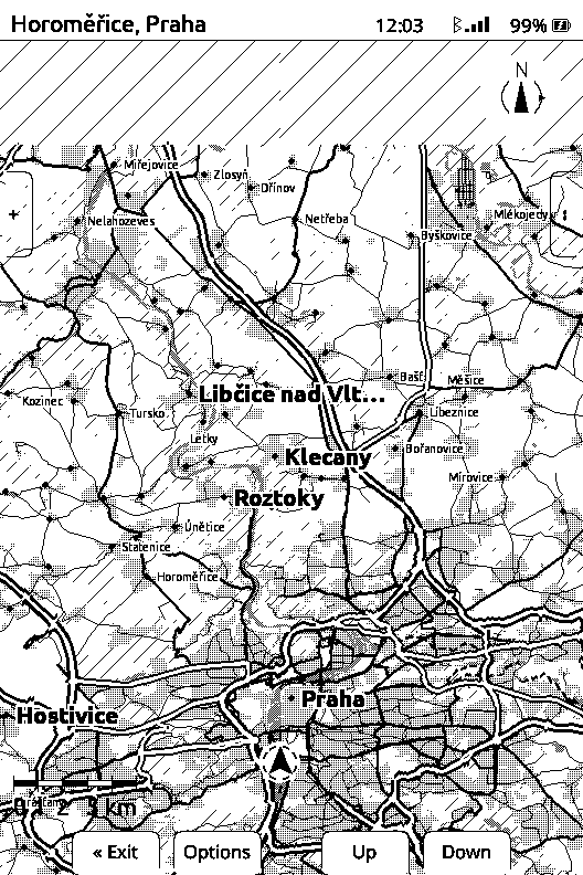 The X3 panel showing a regional map north of Prague: roads, rivers, hatched forest, place labels, a north arrow top right, and four button hint boxes along the bottom whose lower borders are cut off by the edge of the screen