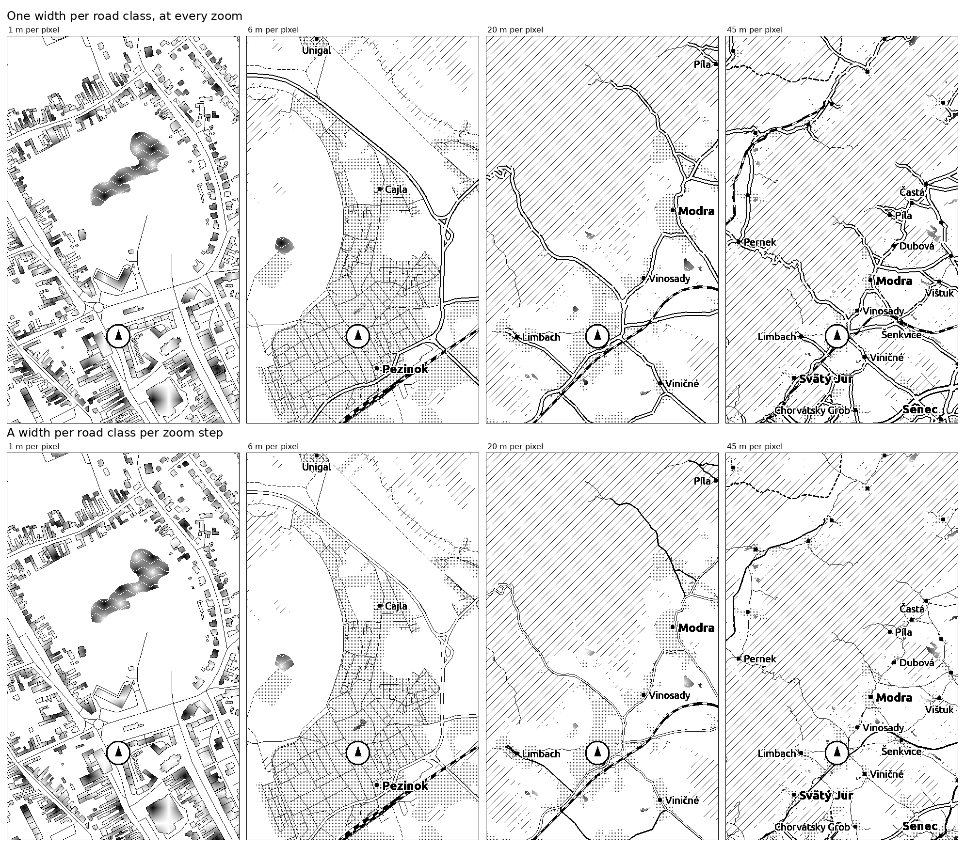 Eight preview renders in two rows, each one a full 480 by 800 pixel frame. The top row draws the same road classes at one fixed width across four zoom levels and the widest views turn into thick black webs. The bottom row thins each class as the view widens, down to a one pixel line for the minor network, and the road hierarchy stays readable